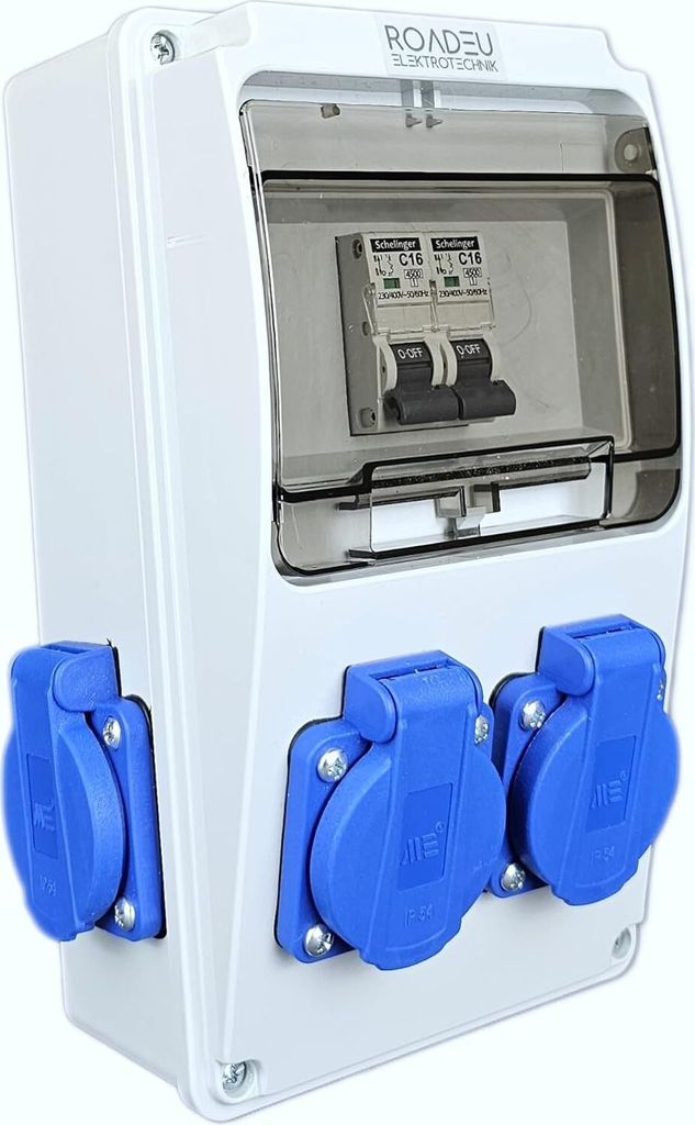 RoadEu - Stromverteiler 230V - 4x Schuko Steckdose mit Schalter - Steckdosenverteiler mit 2x Leistungsschalter C 16A - Verdrahtet, Baustromverteiler
