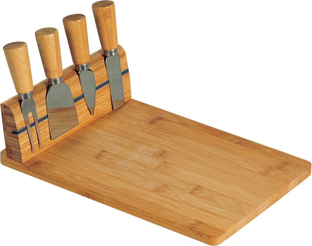 A cheese cutting board with a set of four cheese knives.