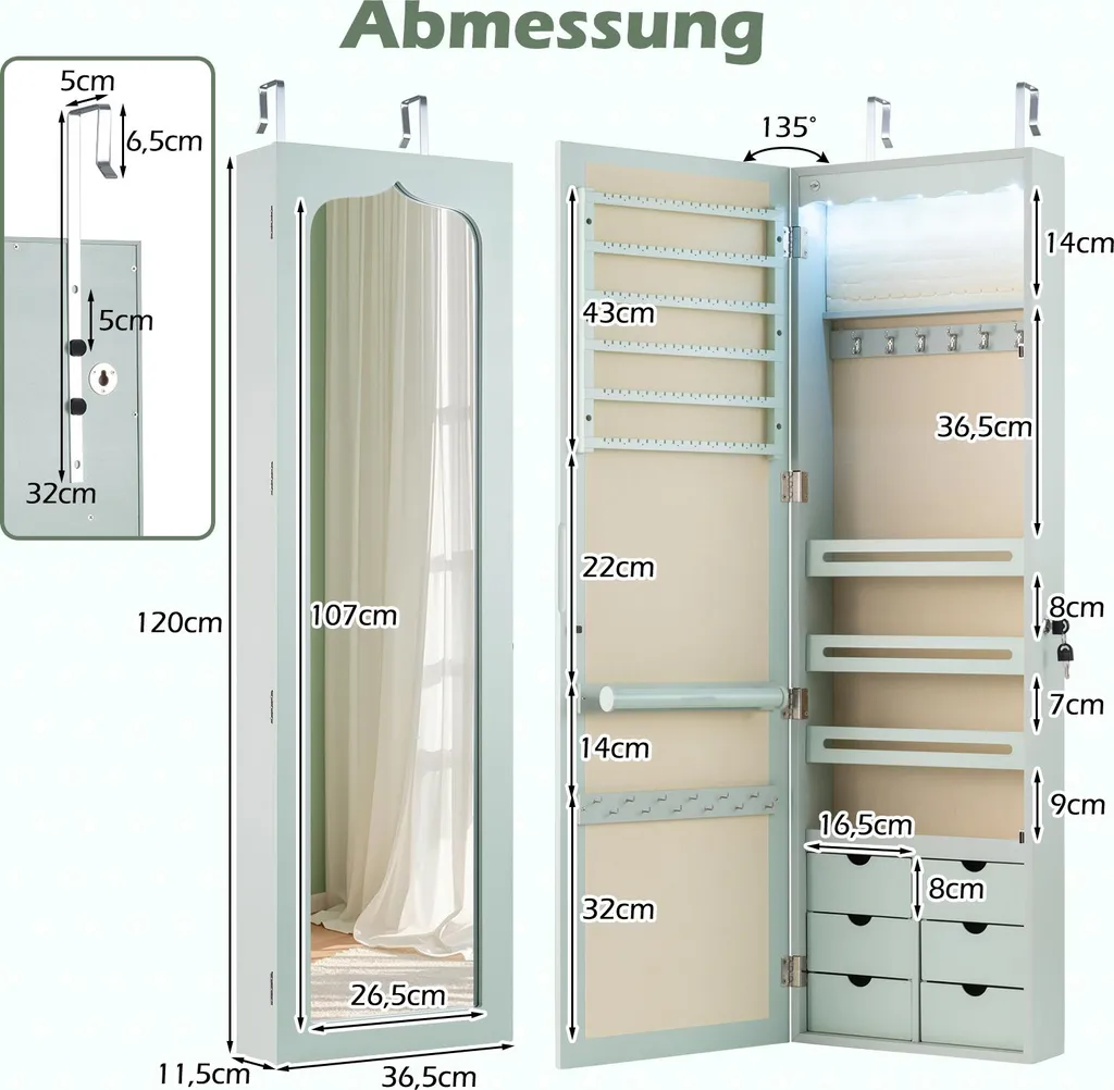 COSTWAY Armadio Gioielli LED Verde 6 Cassetti: Specchiera Smart Parete - 3