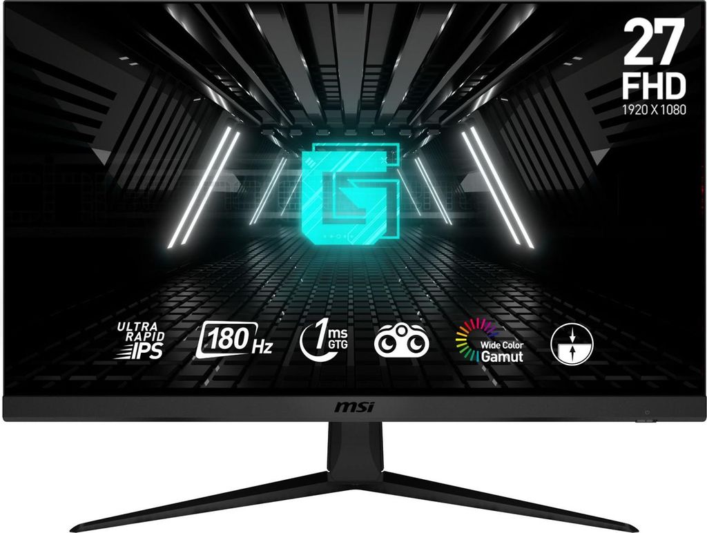 A gaming monitor displaying a futuristic abstract background with the MSI logo and feature callouts.