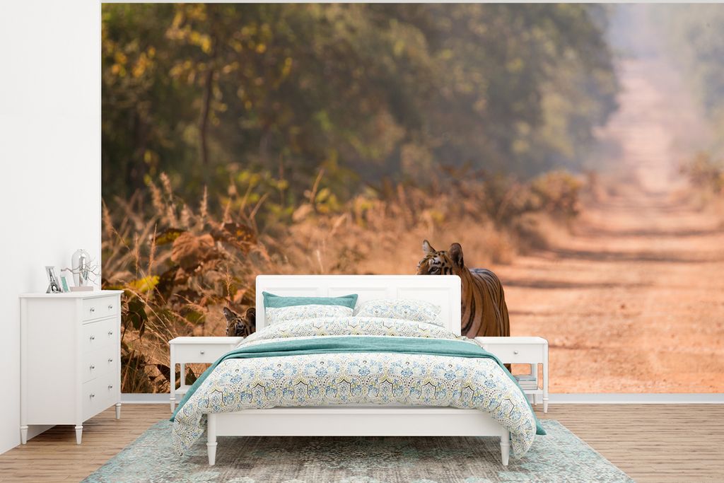 MuchoWow Fototapete für Wohnzimmer oder Schlafzimmer Wandtapete Vinyl Motivtapete Tiger - Afrika - Sand - 375x280 cm - Schlafzimmer tapete