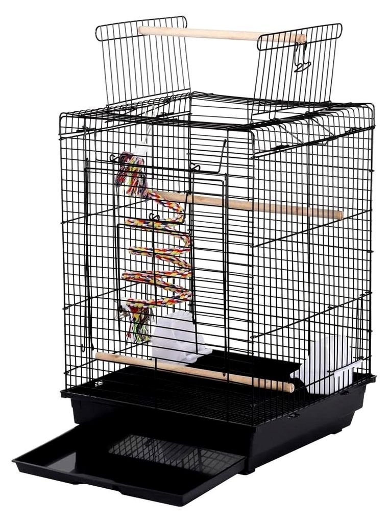 Vogelkäfig für Wellensittiche und Kanarienvögel mit Spielzeug in Schwarz