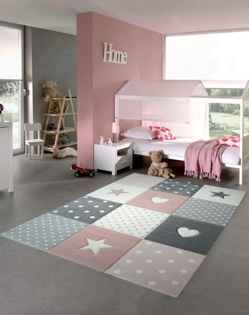 Tapis pour chambre d'enfant, zone de jeu douce rose et grise 140x200cm