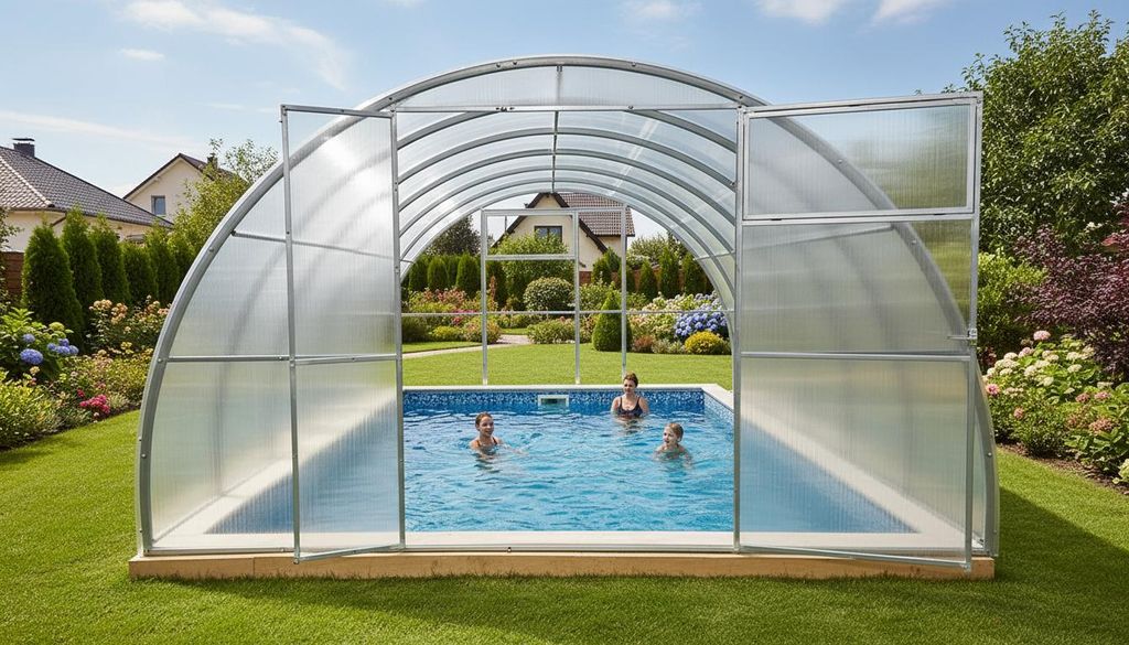 Poolabdeckung "Mirella" von Garten Dream. 3.5x12M mit 6mm polycarbonate Ganzjährige Nutzung. Schnee- und winddicht. Türen auf jeder Seite. Rostsc...