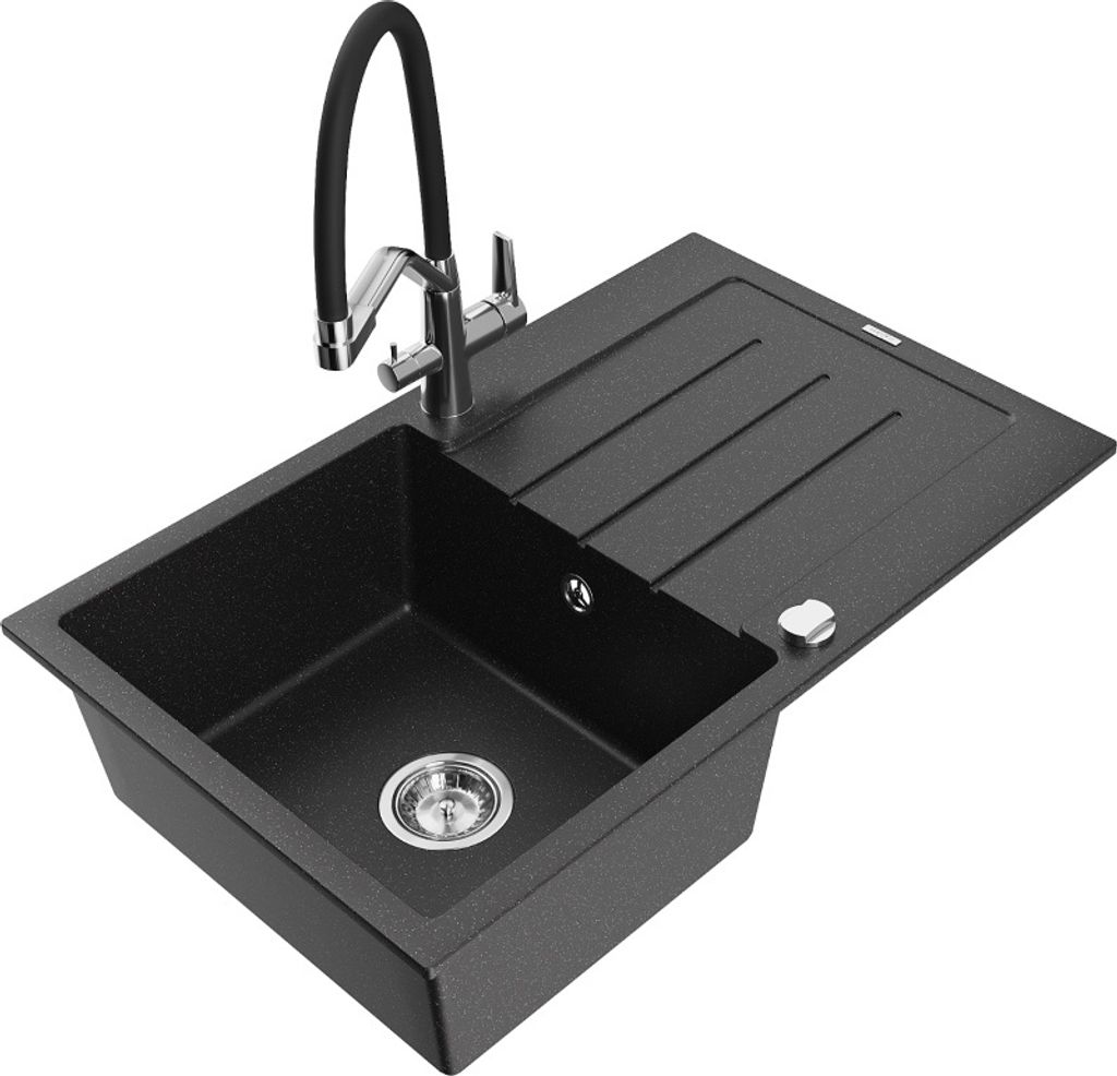 Mexen Bruno 1 Becken-Granitspüle mit Abtropffläche und Mischbatterie Duo, Schwarz/Silbermetallic - 6513-73-671701-07