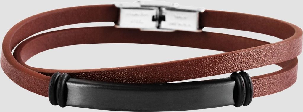 Akzent Wickelarmband aus Echtleder und Edelstahl in Braun mit IP Black-Beschichtung