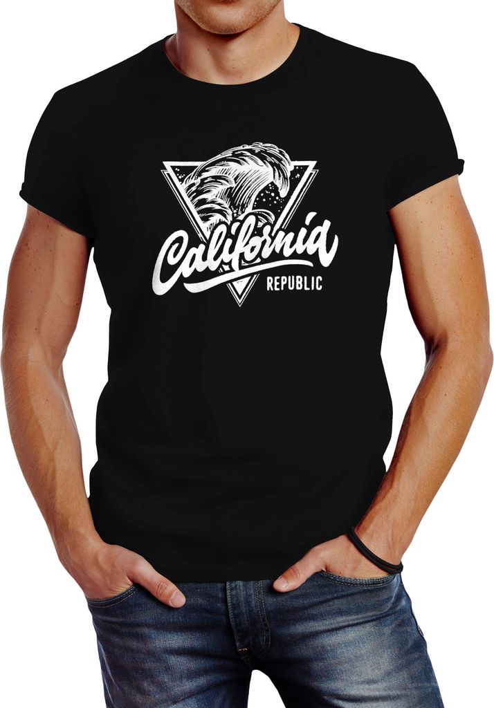 California Republic Herren T-Shirt Design Mega Welle Wave Surf Slim Fit Neverless schwarz 4XL