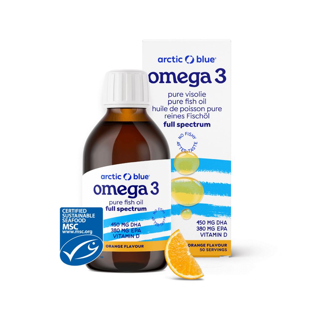A bottle of Arctic Blue Omega-3 fish oil with an orange flavor, next to its packaging.