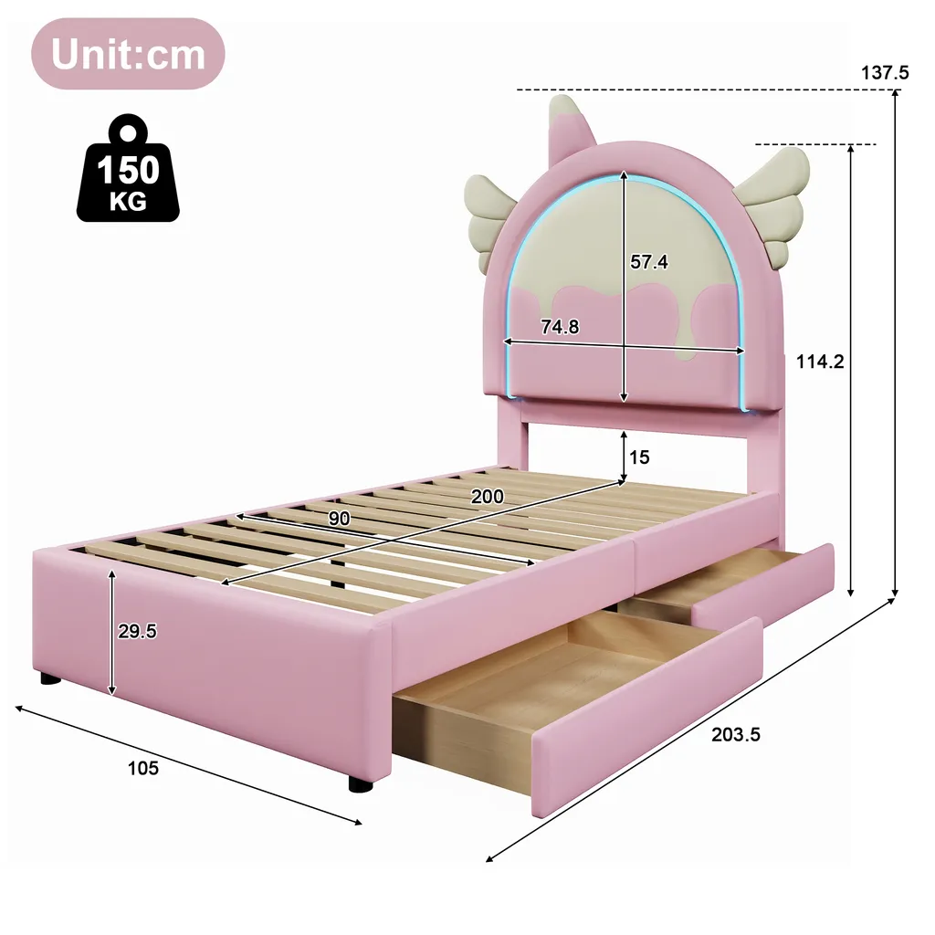 Abrihome lit enfant rembourré 90x200 rose licorne avec LED et tiroirs