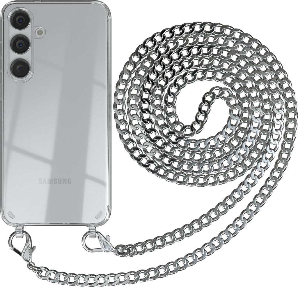 EAZY CASE Metall Handykette für Samsung Galaxy S24 Plus, Handyhülle mit Umhängeband, Silikonhülle, Metallkette für Smartphone in Silber