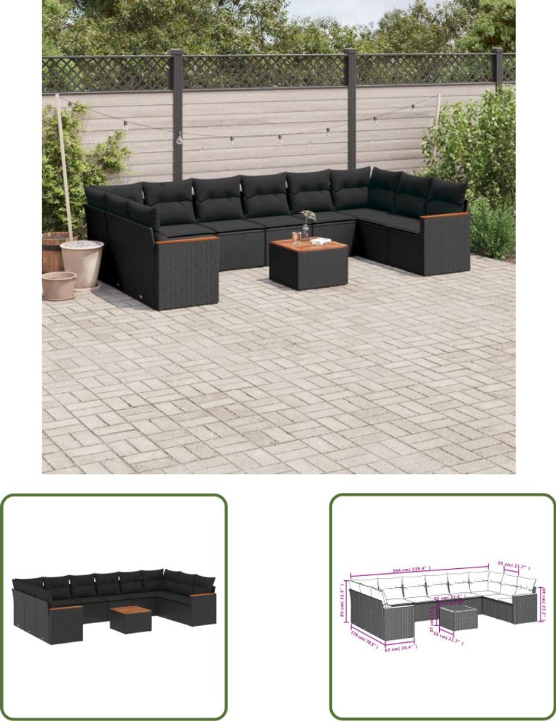The Living Store 11-tlg. Garten-Sofagarnitur mit Kissen Schwarz Poly Rattan