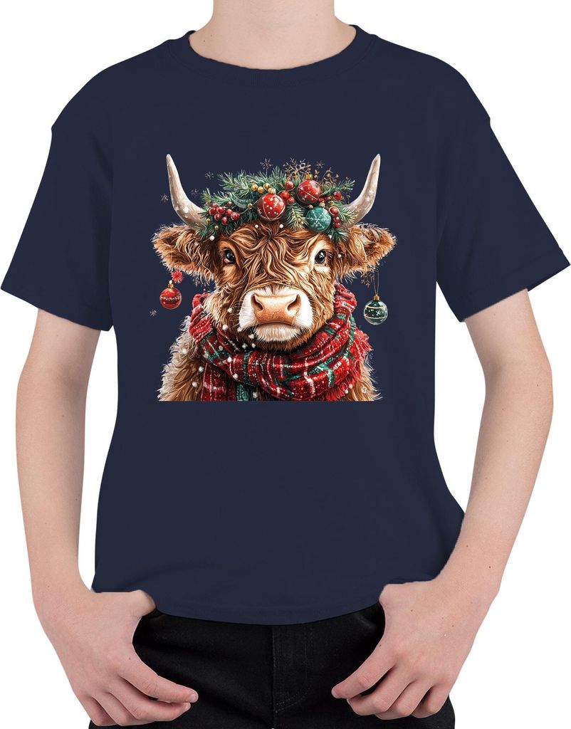 Weihnachtskuh Highland Kuh Kranz Kugeln Schal Winter Geschenk Uni Kinder T-Shirt, Navy, 116