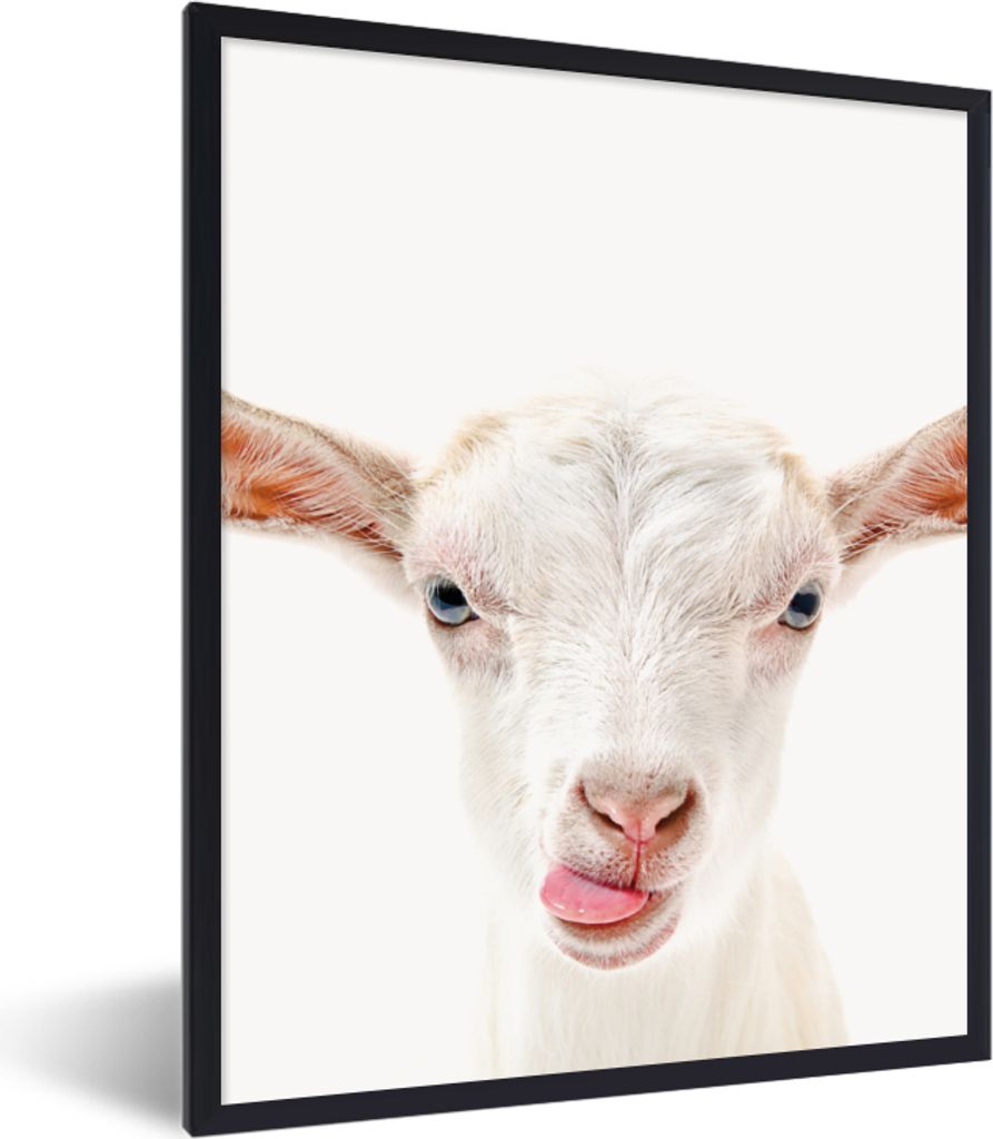 MuchoWow Gerahmtes Poster Ziege - Porträt - Junge - Mädchen - Kinder - Weiß 60x80 cm - Poster mit Schwarzem Bilderrahmen Wandposter Rahmen Fot...