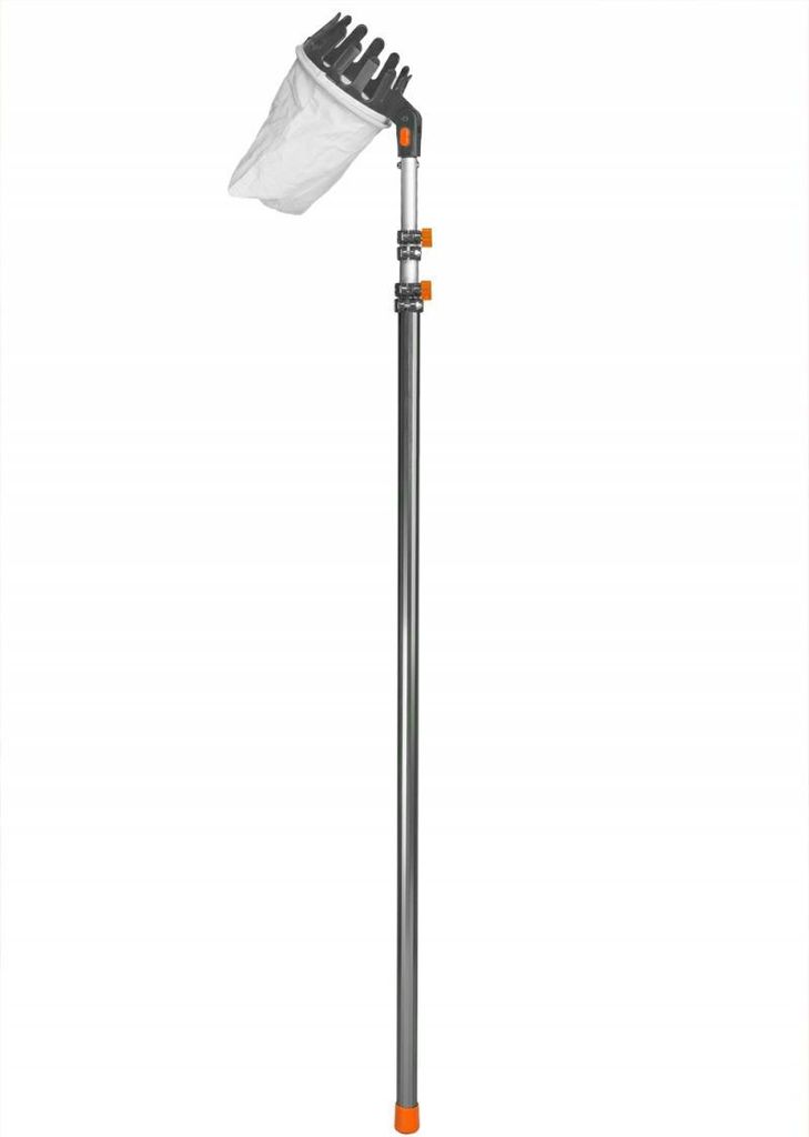 A fruit picker with a telescopic handle against a white background.