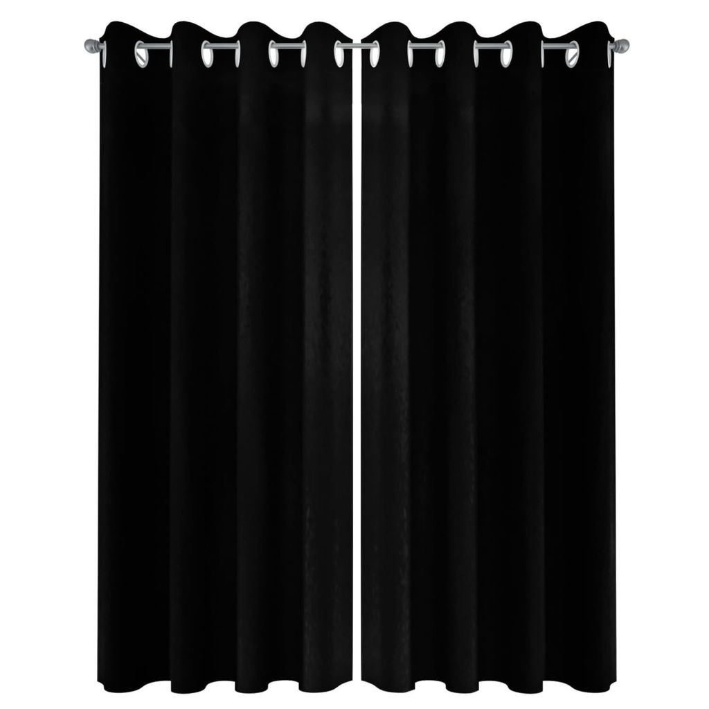 Two black curtains hanging on a rod.