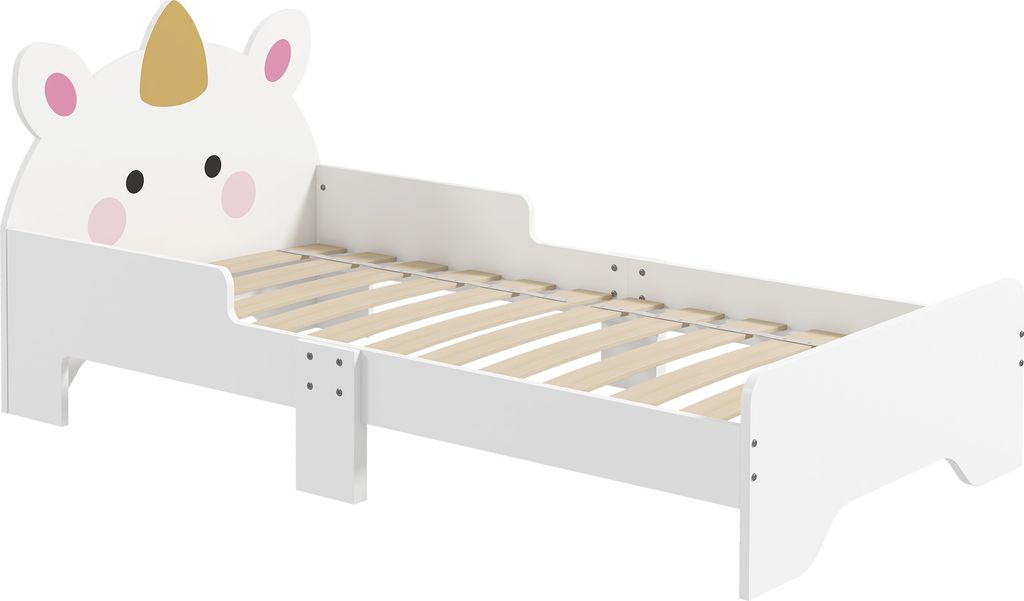 ZONEKIZ Bett für Kinder 3-6 Jahre 143x74x67 cm, Kinderbett aus Holz in Einhornform, moderne Schlafzimmermöbel, Belastung 80 kg, Weiß
