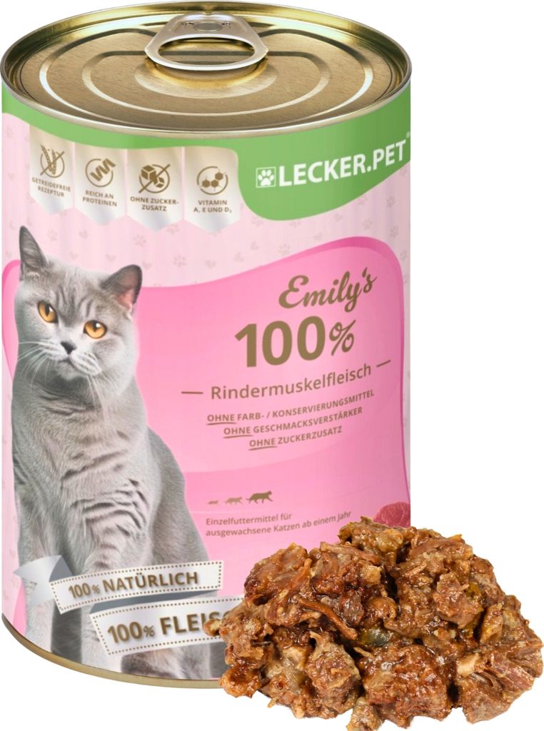 12 x 400 g Lecker.Pet Emily's 100 % Rindermuskelfleisch Katzenfutter Nassfutter