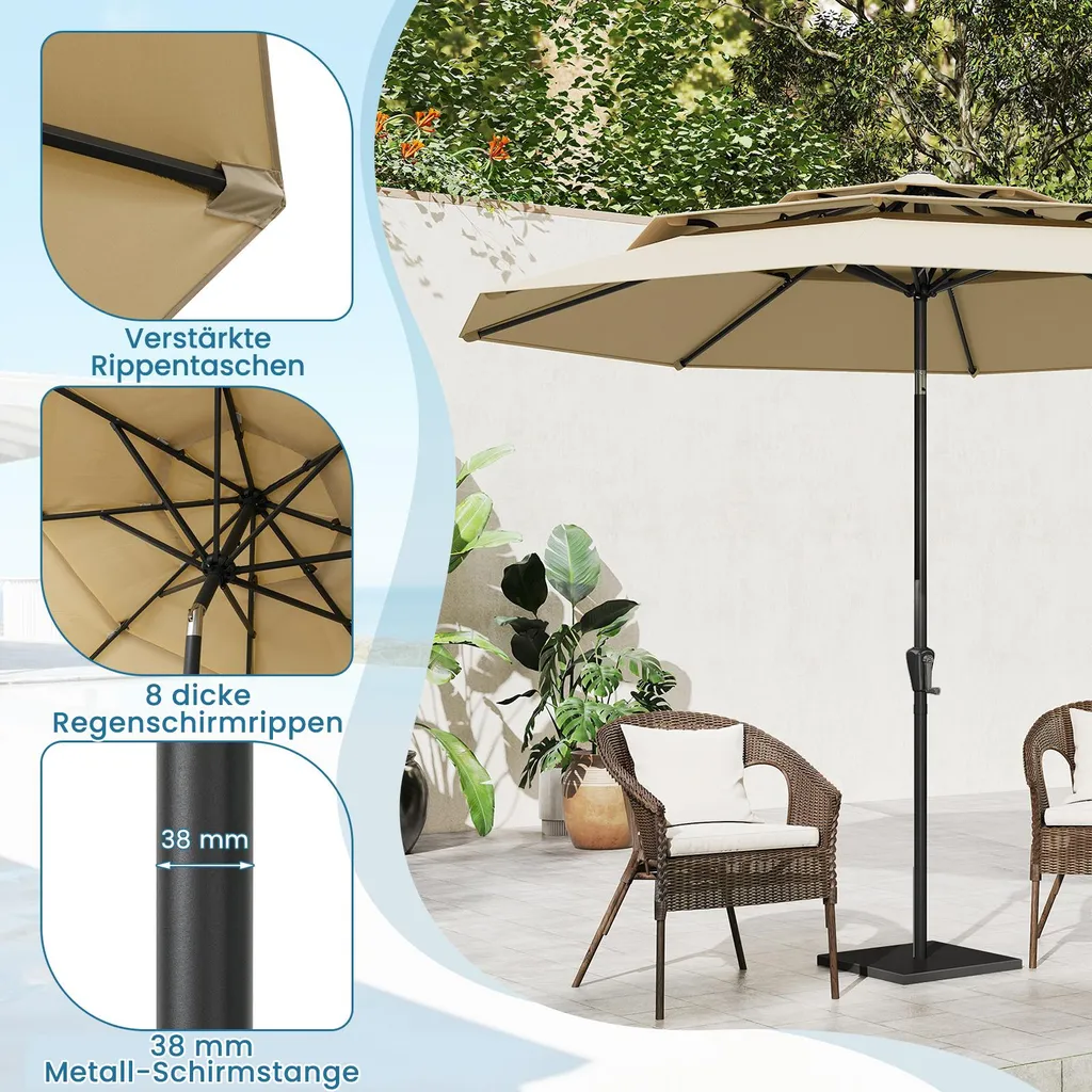 Parasol de marché 300cm Beige pour Jardin - Protection Solaire avec Manivelle - 6