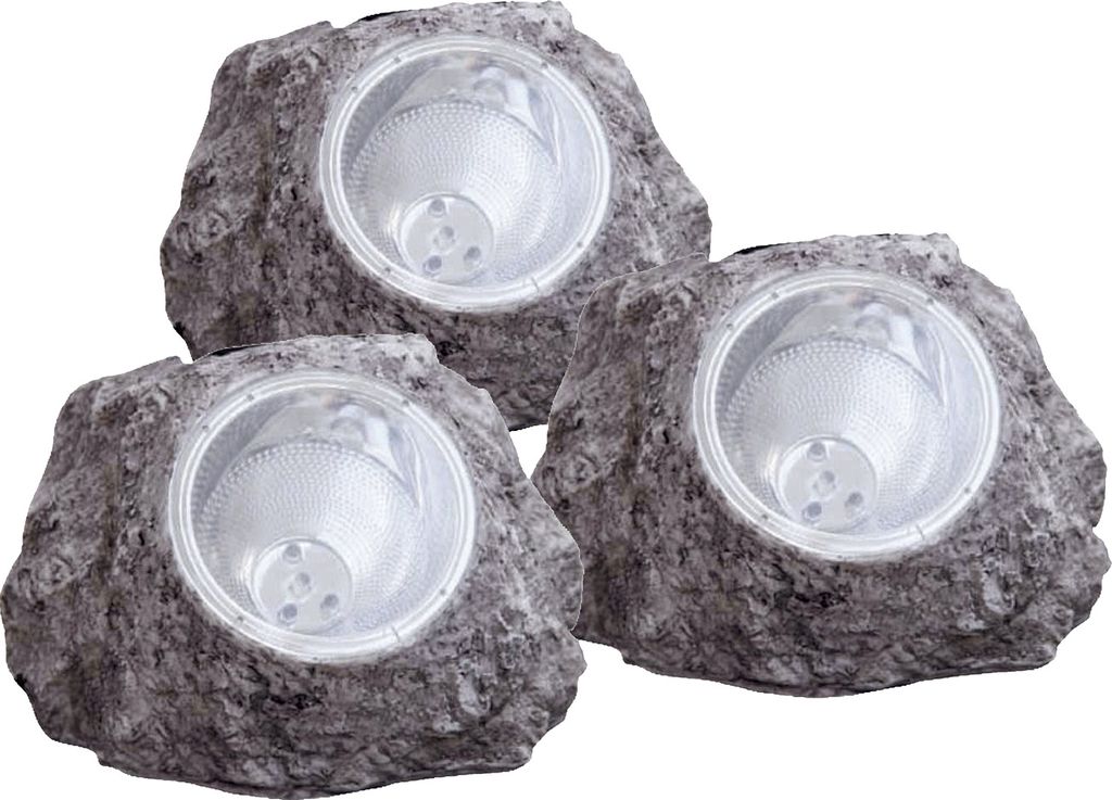 Three solar-powered rock lights are shown against a white background.