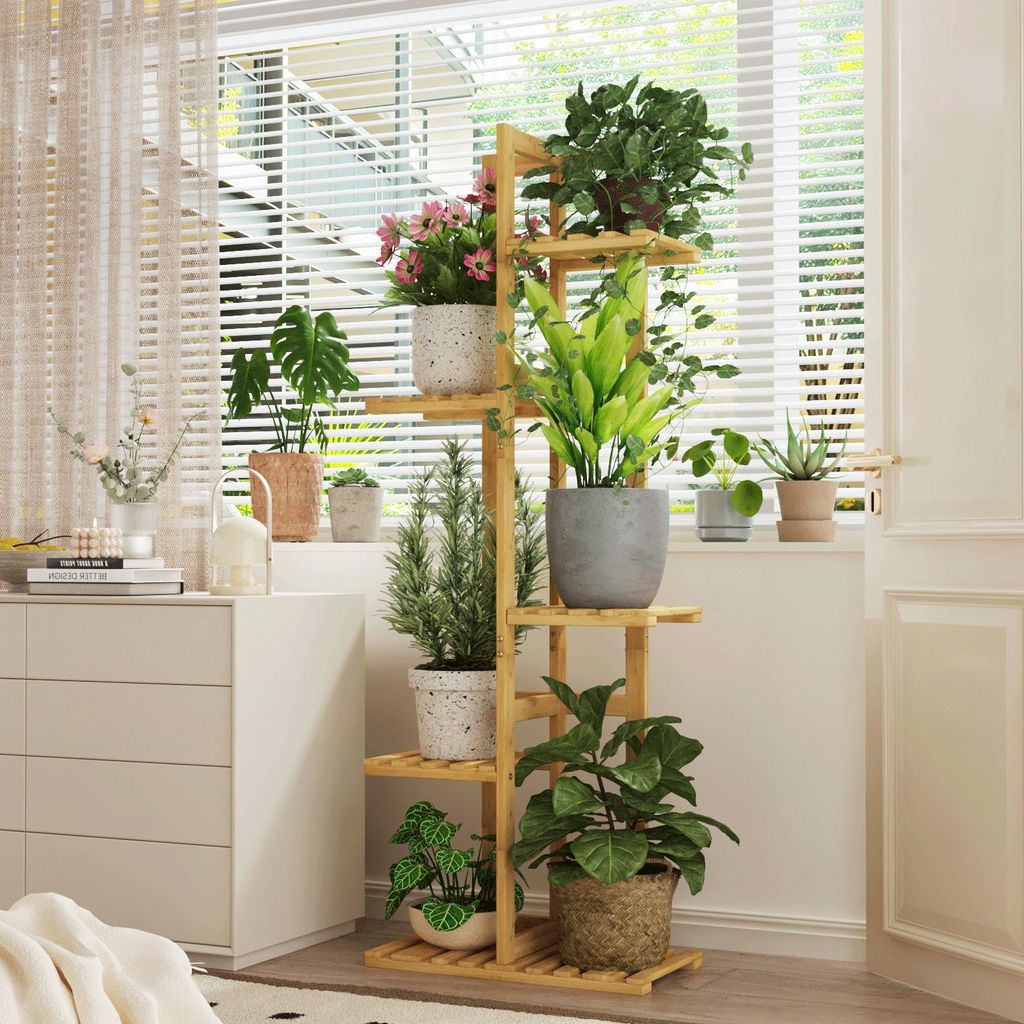 Bamworld Pflanzenständer 5-stöckig, Bambus Blumenregal, Indoor Blumenständer für Terrasse, Garten, Balkon, Wohnzimmer & Schlafzimmer, Urfarbe