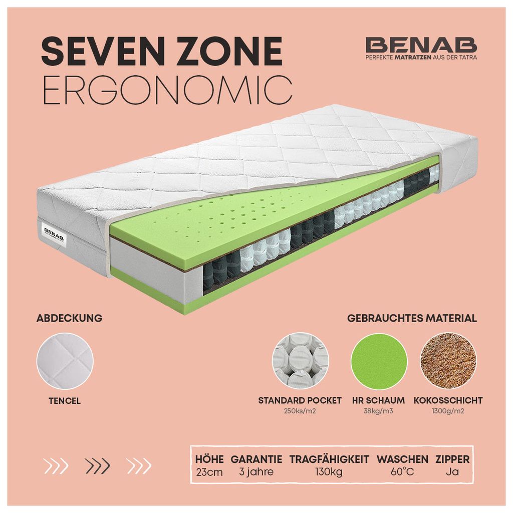 Taschenfederkernmatratze Benab Seven Zone Ergonomic Matratze 85 x 195 cm H3 / H4 hart 23 cm hohe Taschenfederkernmatratzen, Lyocell, Kokosnuss, HR,...