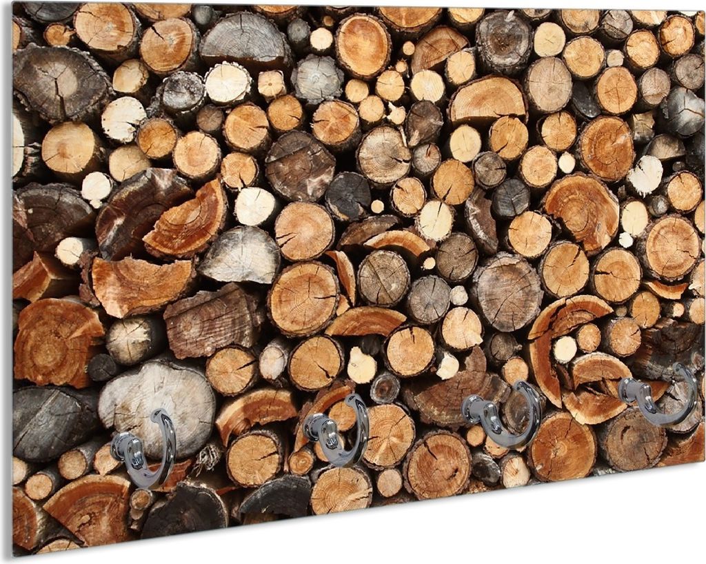 Wallario Handtuchhalter aus Glas, Motiv: Dunkler Holzstapel rund, 30 x 20 cm mit 4 Haken