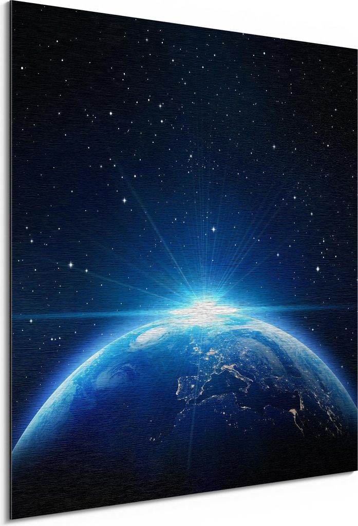 DEQORI Alu-Dibond Bild Silber 50x50 cm 'Sonnenaufgang im All' Wandbild Metall dünn Design