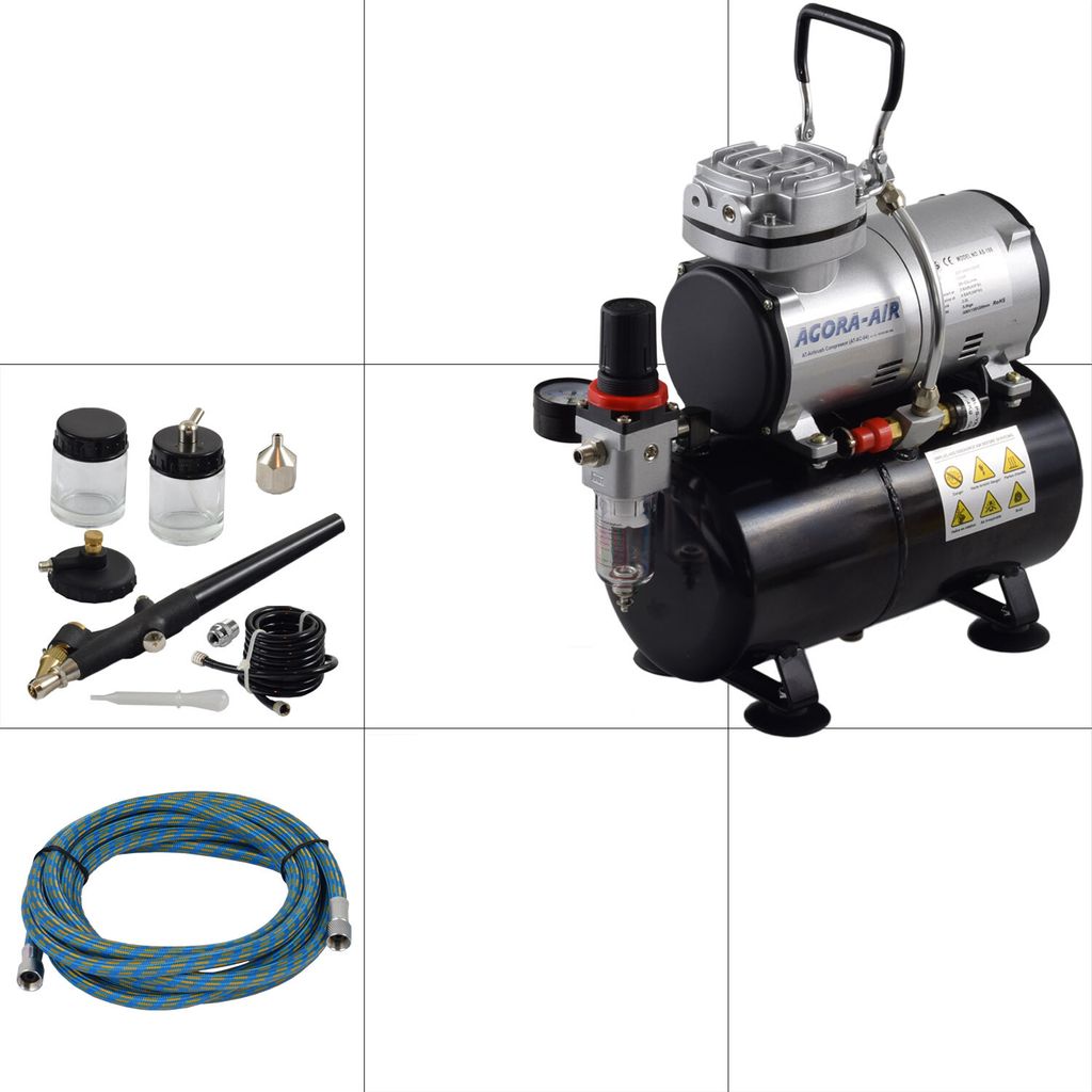 Agora-Tec Druckluft Abstaub- und Reinigungs-Set mit leisen Mini Kompressor Schlauch und Druckluftpistole