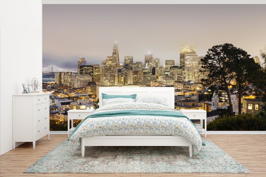 MuchoWow Fototapete für Wohnzimmer oder Schlafzimmer Wandtapete Vinyl Motivtapete San Francisco - Stadt - Licht - 430x240 cm - Gemustert