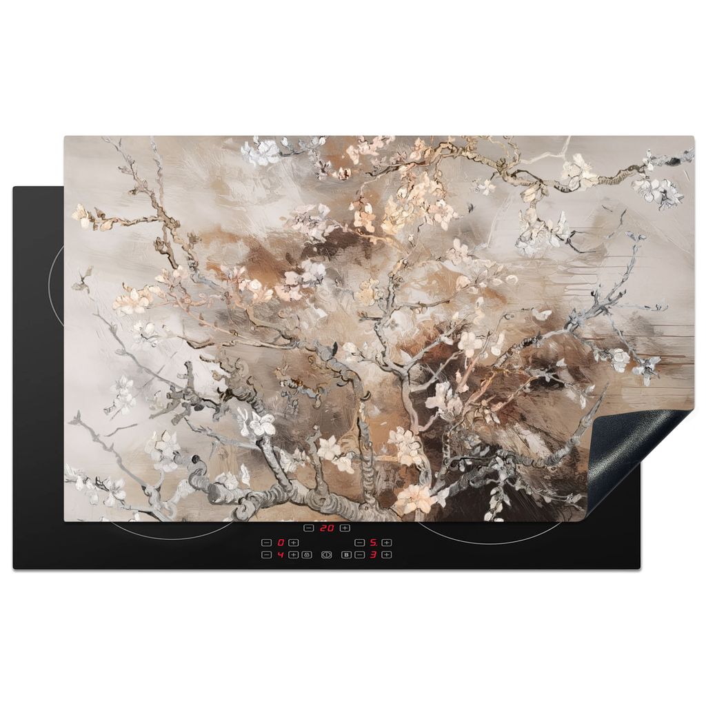 KitchenYeah Herdabdeckplatte Mandelblüte - Van Gogh - Beige - Abstrakt , 83x51cm, Küche Deko, Glaskeramikkochfeld Herdabdeckung, Abdeckplatte f...