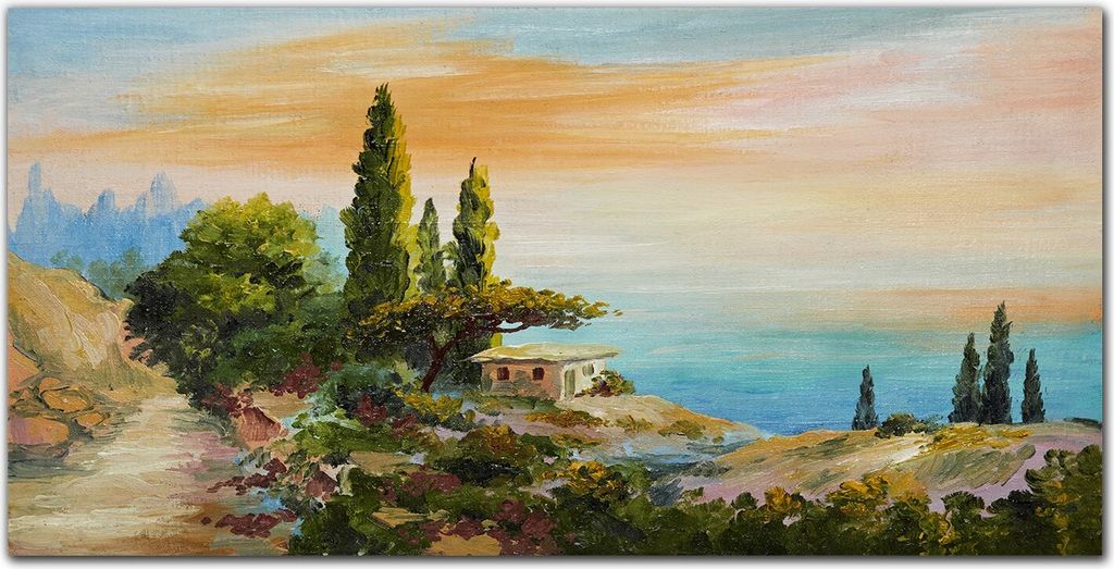 Coloray Bild aus Acryl 100 cm x 50 cm - Acrylblock mit Bild Gehärtetes Acryl Wohnzimmer Dekoration Wanddekoration Küche - Bäume Küste Sonnenunt...