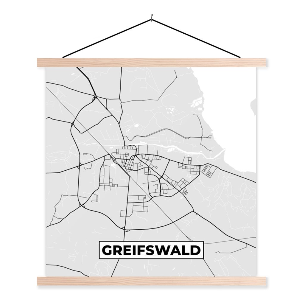 MuchoWow Textilposter Karte - Stadtplan - Greifswald - Karte - Deutschland 40x40 cm mit holzfarbenen Rahmen - Posterleiste