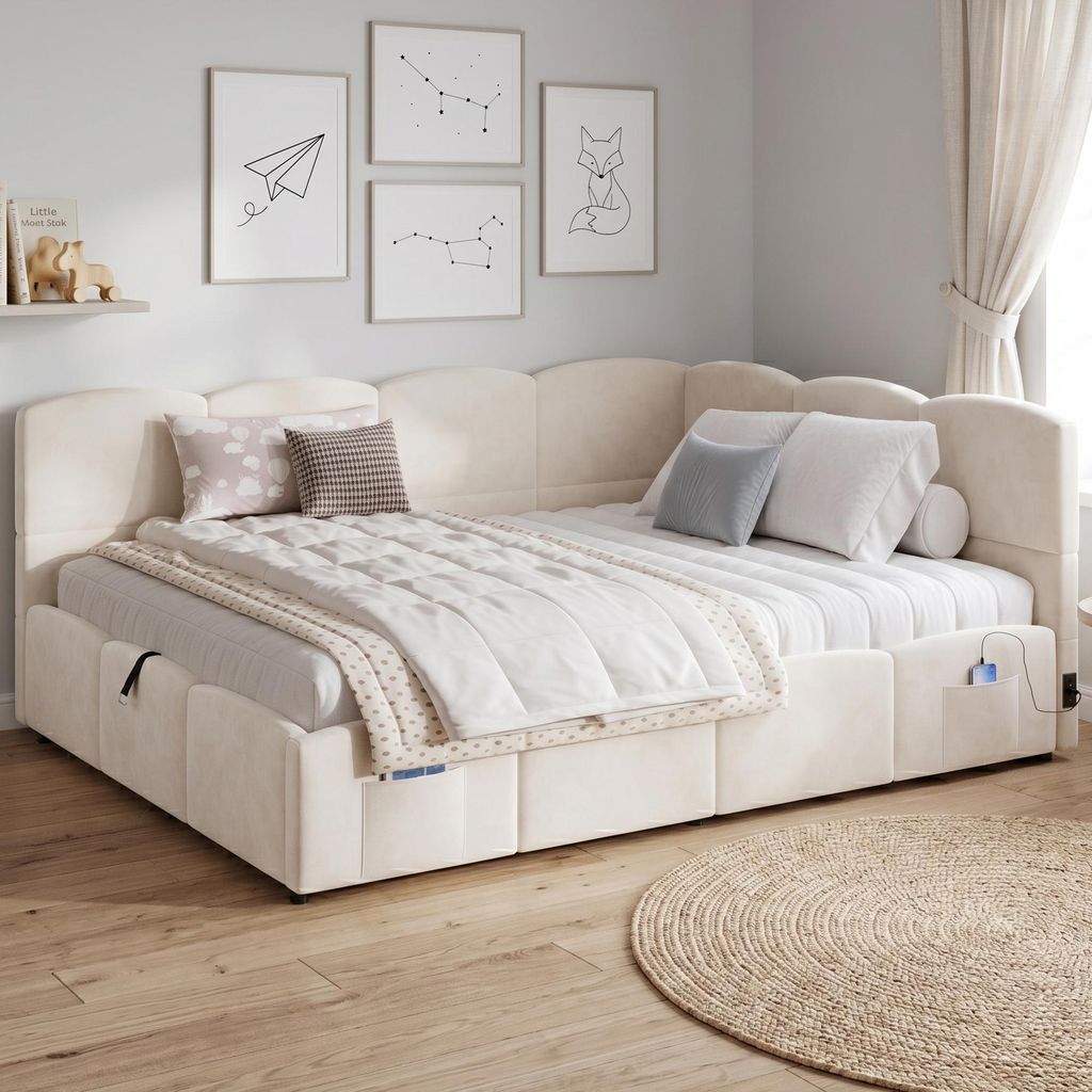 Polsterbett 140x200 cm Samt Beige mit Stauraum & Lattenrost Produktbild 
