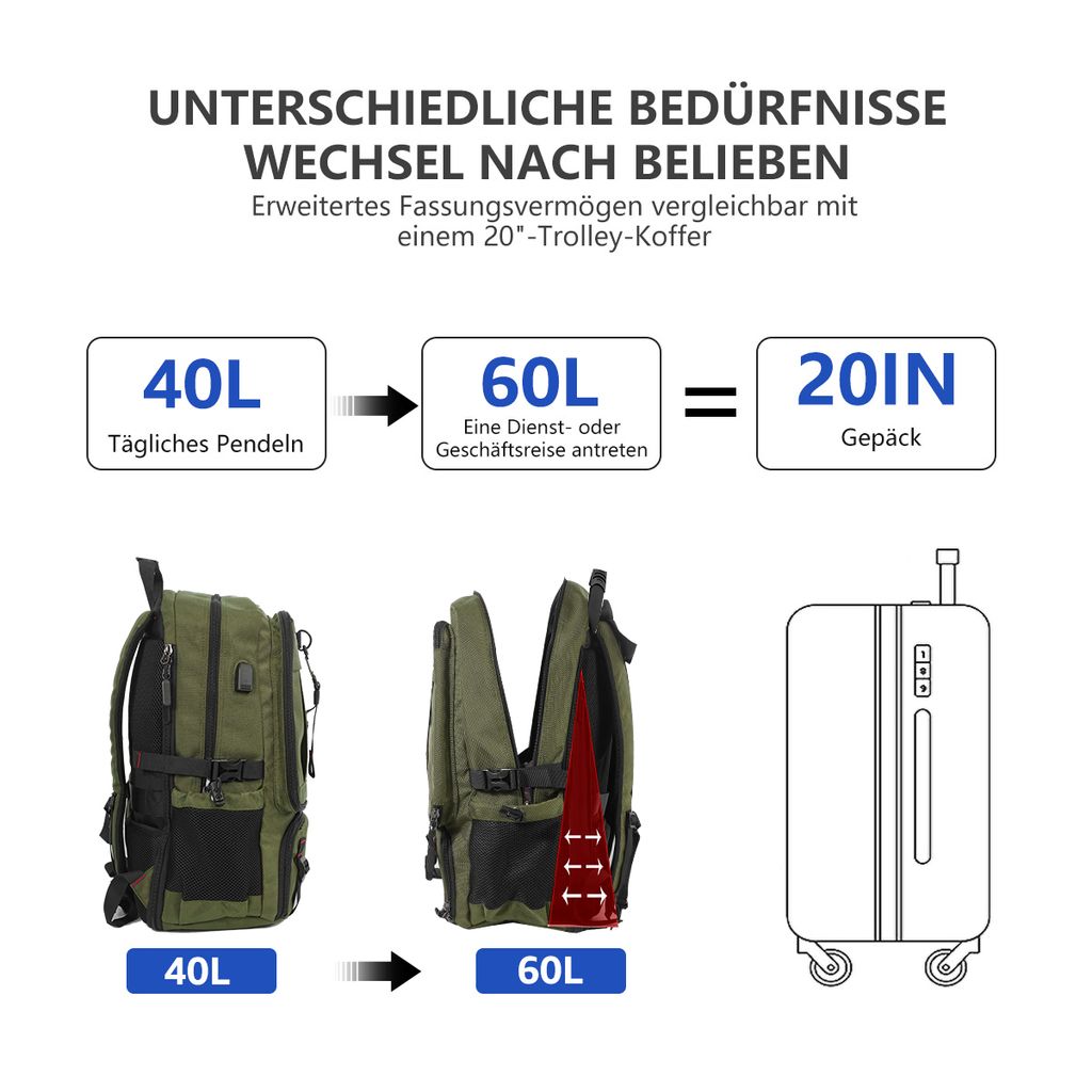 NULSTA Laptop Rucksack 60L, Reiserucksack Handgepäck mit Produktbild 3