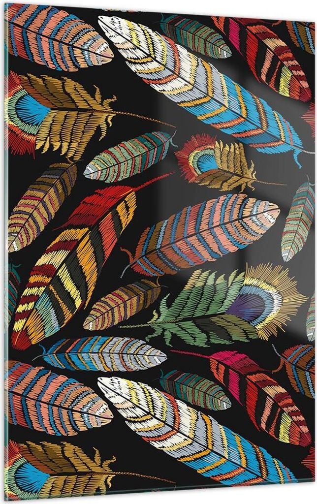 Bilder auf glas - Einteilig - Federn Bunt Stickerei - 50x70cm - Glasbilder - Wandbilder - Bilder - zum Aufhängen bereit - Wanddekoration aus Glas ...