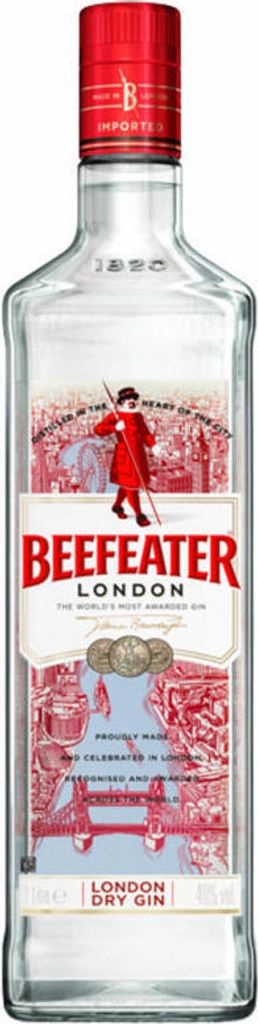 A bottle of Beefeater London Dry Gin.