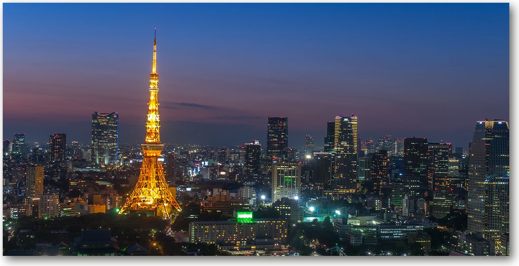Tulup Glas-Bild - 100x50 -Wandkunst - Wandbild hinter gehärtetem Sicherheitsglas - Sehenswürdigkeiten & Architektur - Turm in Tokio - Gelb