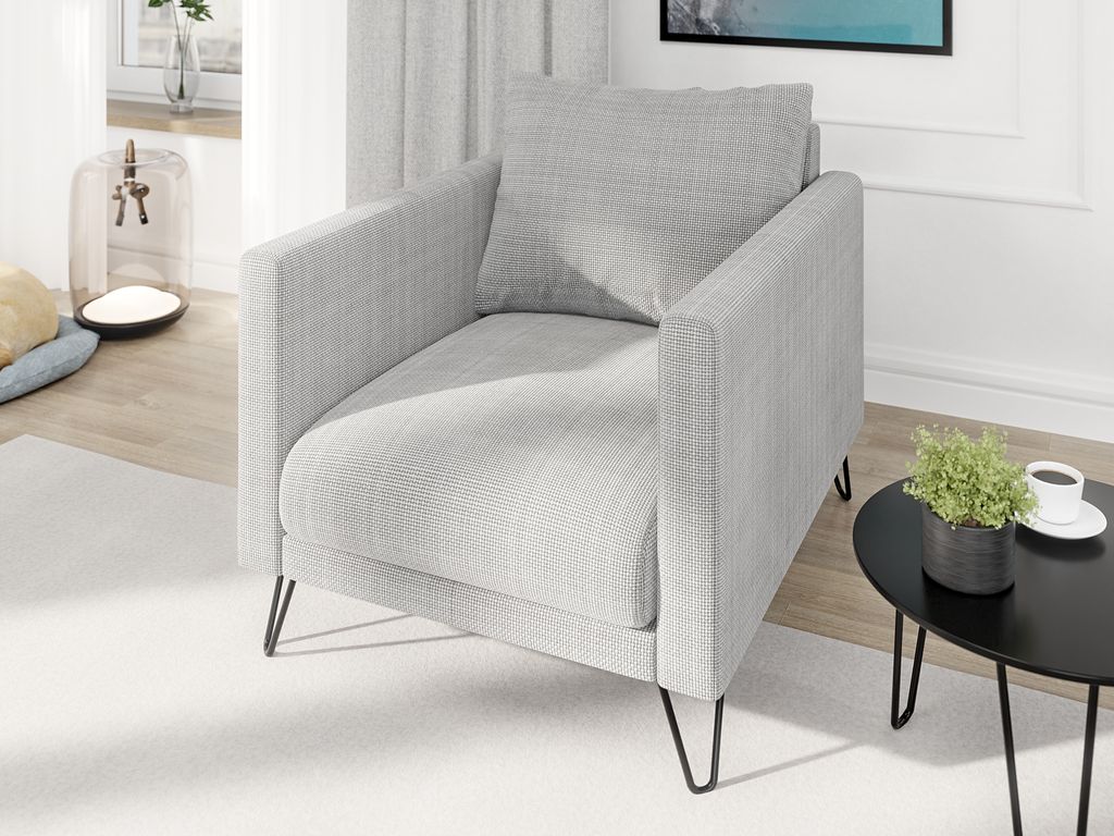 S-STYLE MÖBEL - Harmony - Moderner Sessel aus Hellgrau Chenille-Stoff mit Hohen Schwarzen Metallfüßen, B/T/H: 80 cm/100 cm/85 cm