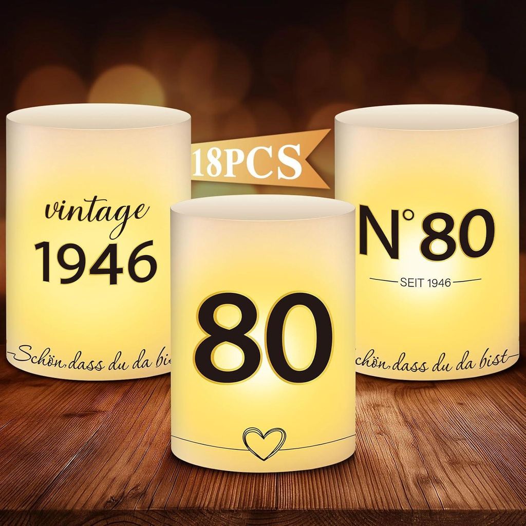 18 Stück Windlichter Tischdeko 80. Geburtstag – Retro Tischdekoration für Männer & Frauen – Happy Birthday Tischdeko für Teelichter & Kerze...