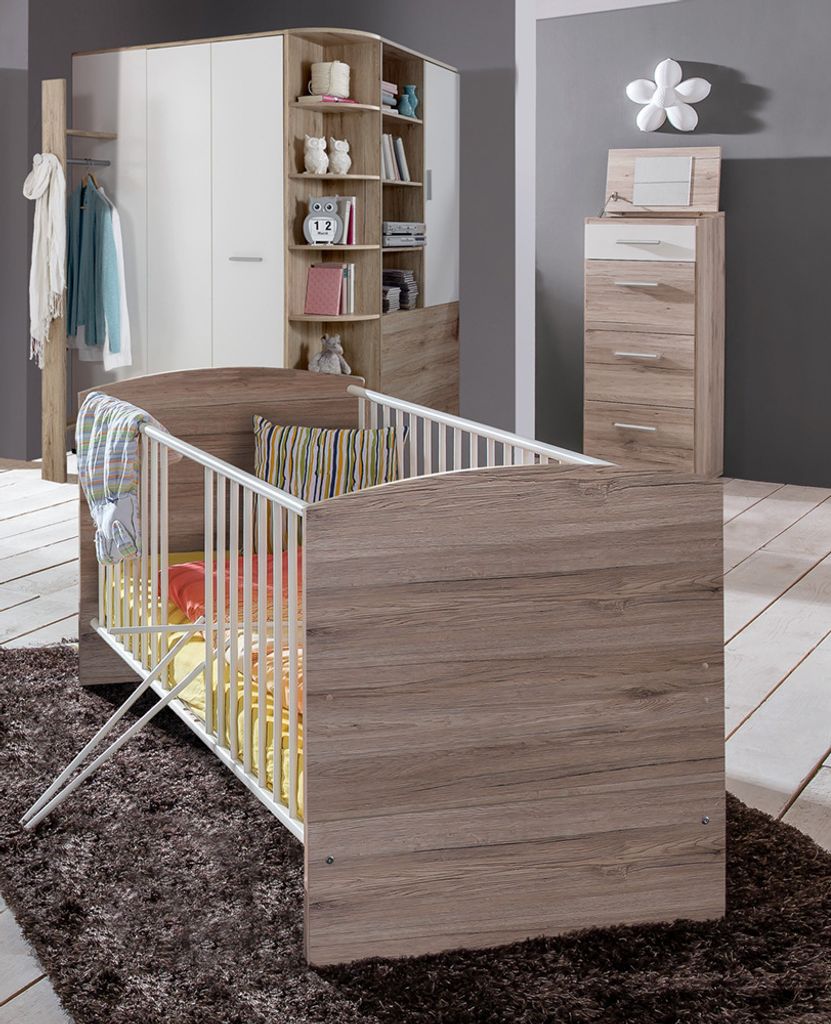 Babybett Gitterbett mit Hochkommode und Eckkleiderschrank, begehbar und beleuchtet JOHANNESBURG-43 in Eiche Nb. mit weiß