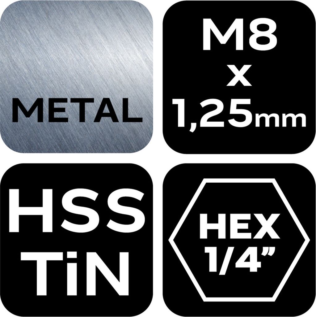 NEO TOOLS Gewindebohrer HSS TiN-Beschichtung HEX 1/4" für Profis und Heimwerker Maximale Drehzahl: 1000 U/min - M8 x 1,25 mm