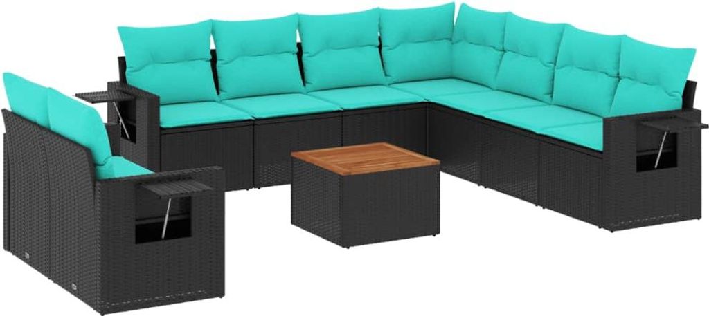 vidaXL 10-teiliges Gartensofa-Set mit Kissen, schwarzes Polyrattan