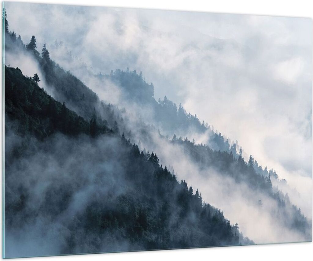 Bilder auf glas - Einteilig - Berge Nebel Bäume - 100x70cm - Glasbilder - Wandbilder - Bilder - zum Aufhängen bereit - Wanddekoration aus Glas - ...