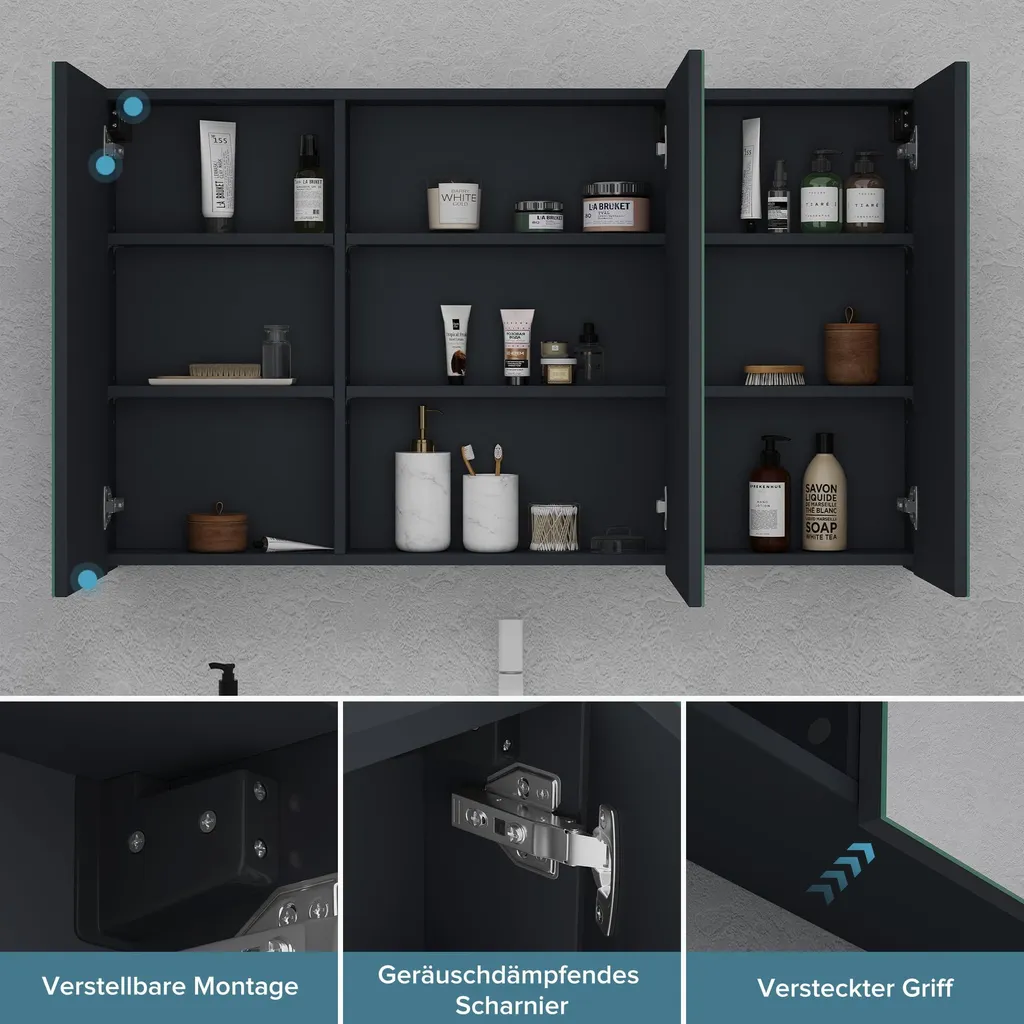 Doporro Armoire de Toilette 100cm Anthracite Mat avec Miroir 3 Portes - 6