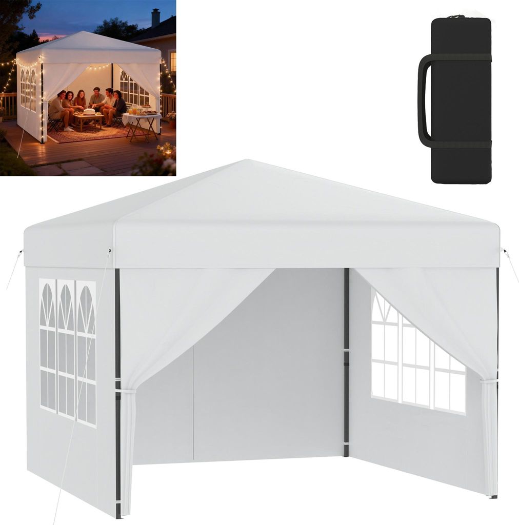 XMTECH Faltpavillon Pop-Up Pavillon 2,5x2,5 m, Wasserdicht & UV-Schutz, Ein-Knopf-Schnellaufbau, 3-fach höhenverstellbar, Weiß (mit Seitenwände)