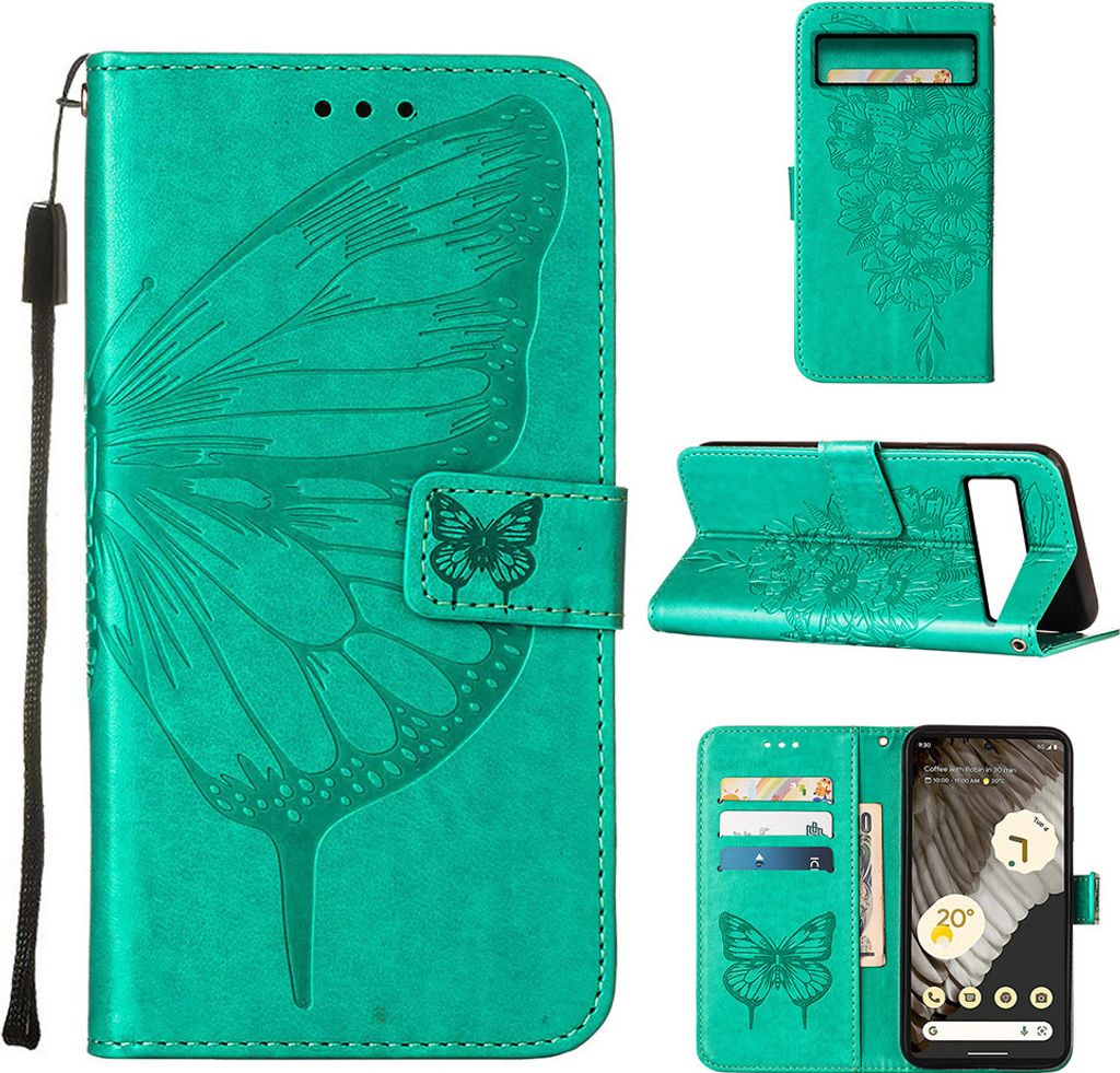 Lederhülle für Google Pixel 8 Pro Schmetterling Prägung Flip Ledertasche Kartenfächer Handyhülle mit Ständer Grün