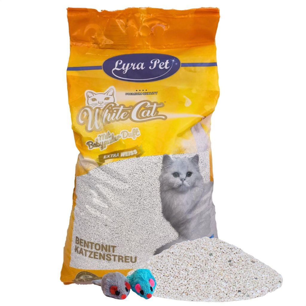 15 Liter Lyra Pet White Cat Katzenstreu Bentonit mit Babypuderduft + 2 Mäuse