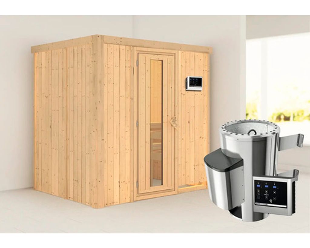 Plug & Play Sauna Karibu Wanja inkl. 3,6 kW Ofen u.ext.Steuerung ohne Dachkranz mit Holztüre aus Isolierglas wärmegedämm