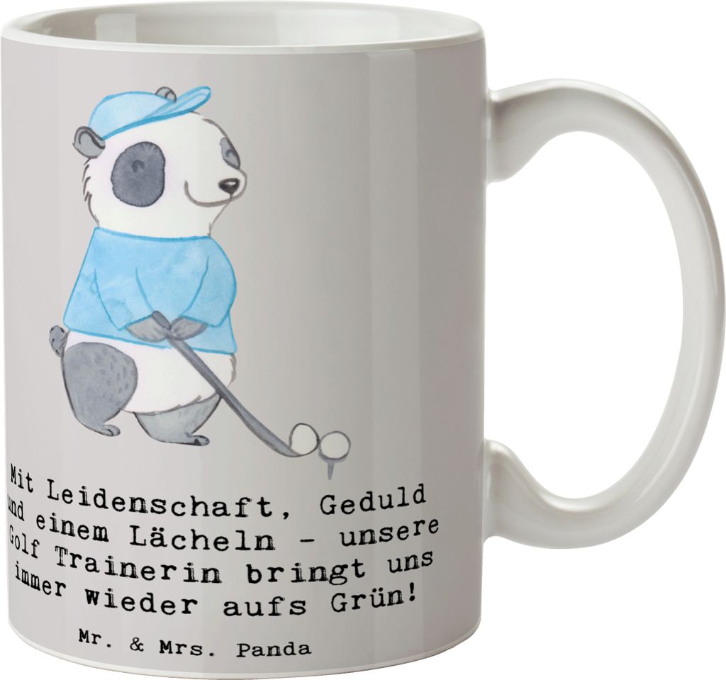 Mr. & Mrs. Panda Kaffeetasse Golf Trainerin Leidenschaft - Grau Pastell - Geschenk, Kaffeebecher, Tasse, Trinkbecher, haferl, Golfen, Golfschwung, ...