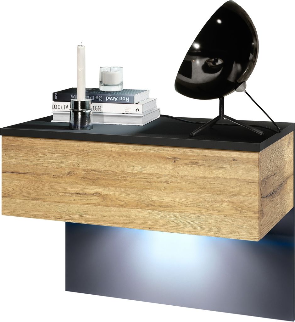 Vladon Nachttisch Sleep, Germany, Nachttischschrank mit Schublade zur Wandmontage, Schwarz matt/Eiche Natur, inkl. LED-Beleuchtung (60 x 46 x 35 cm)